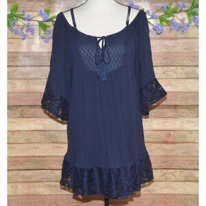 Flying Tomato Blue Blouse Top Size L Lace Hem Tunic Up V-Neck Casual